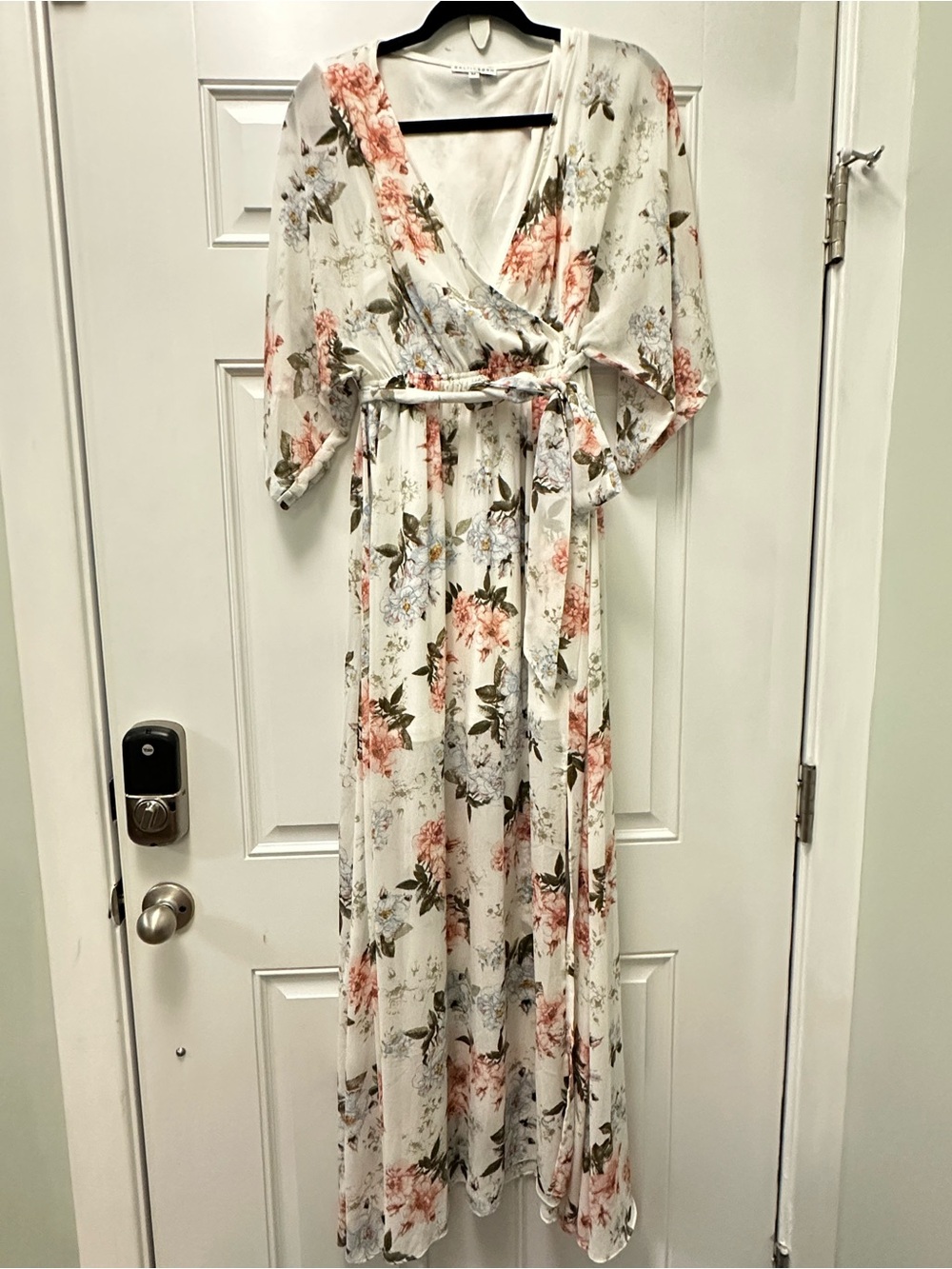 Baltic Born White Floral Wrap Maxi Dress with Pink & Green Accents
